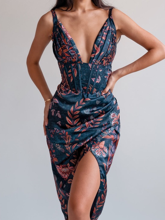Averie Dresses & Skirts - Averie Halley Draped Midi Dress Floral Cobalt Blue